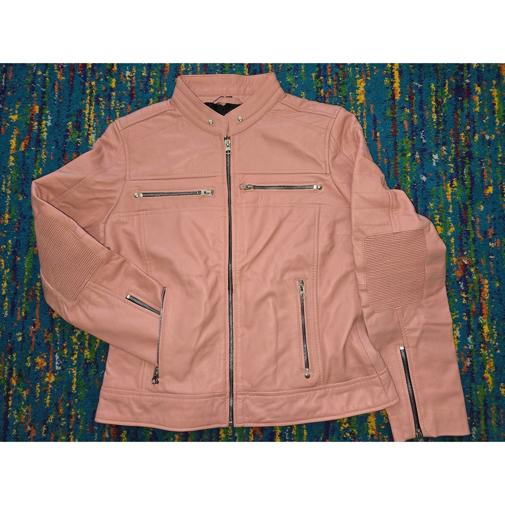 NWT Decrum Cafe Racer Jacket Pink Lamb Leather Moto Biker Women Size M